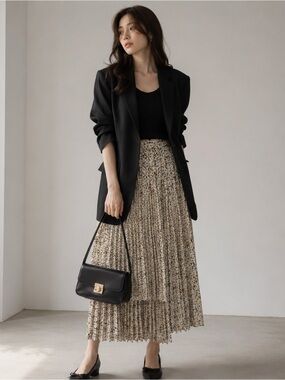 Korean Pleated Floral Midi Skirt High Low Hem Fully Lined Elastic Waist S